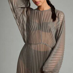 Anthropologie | Sheer Pleated Kaftan Dress | Gray Grey Silver | One Size OS